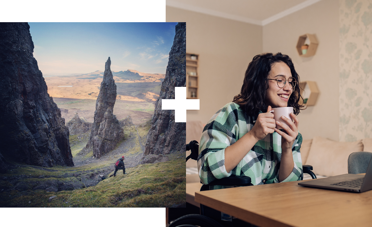 Collage of 2 | Coastline at dawn, Orkney | Student smiling in a classroom