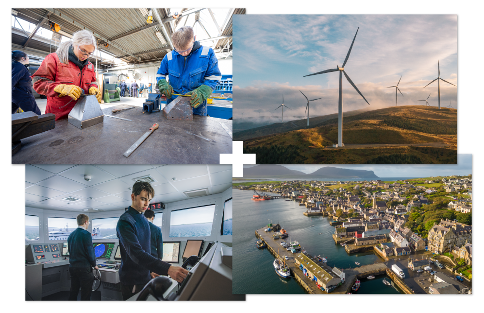 People welding | Wind turbines | People in a ship bridge | Aerial view of Stromness People welding | Wind turbines | People in a ship bridge | Aerial view of Stromness