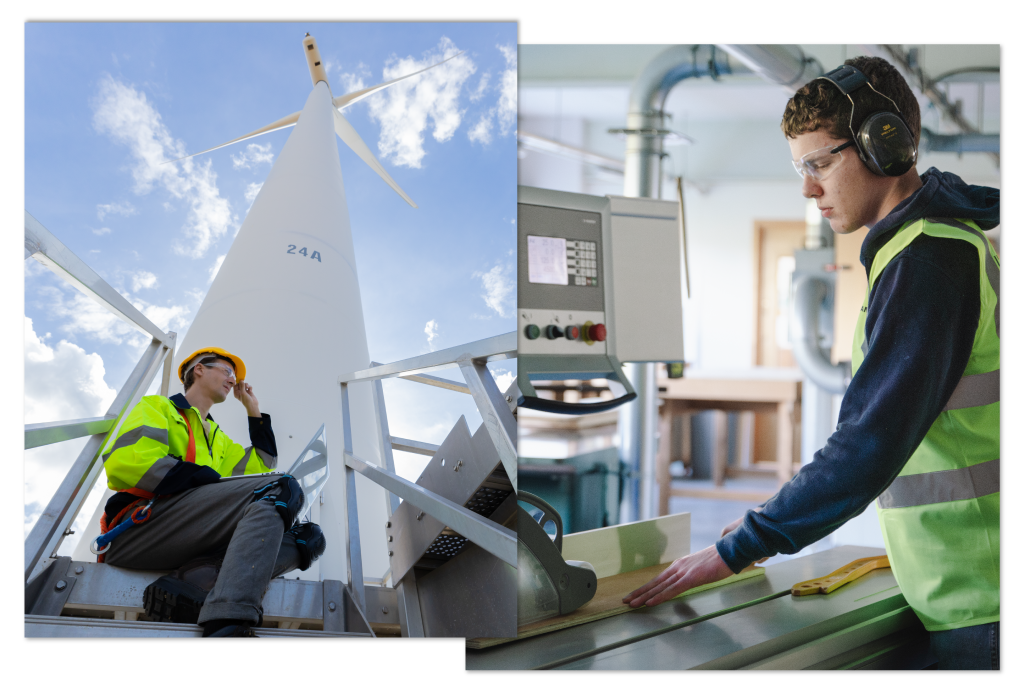 Person at the base of wind turbine | Person using a table saw Person at the base of wind turbine | Person using a table saw