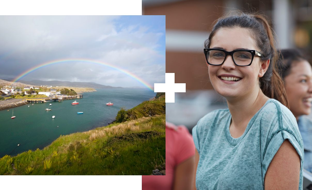 Collage of 2 | Rainbow in the Outer Hebrides: Tarbert, Isle of Harris | Student smiling outside