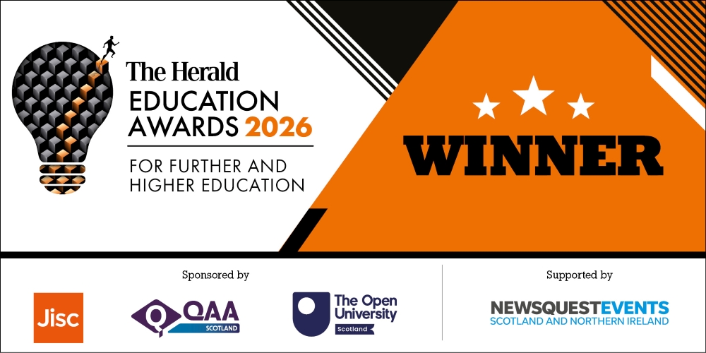The Herald Education Awards 2026 for further and higher education - Winner. Sponsored by Jisc, QAA Scotland, The Open University. Supported by Newsquest Events The Herald Education Awards 2026 for further and higher education - Winner. Sponsored by Jisc, QAA Scotland, The Open University. Supported by Newsquest Events