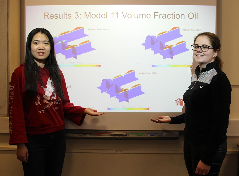Two Perth College UHI students presented their project findings to an oil and gas operator to help solve the problem of emptying remaining oil out of underwater storage tanks.