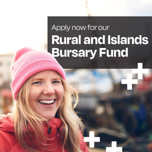 Apply now for our Rural and Islands Bursary Fund. A girl smiling with a pink hat on.