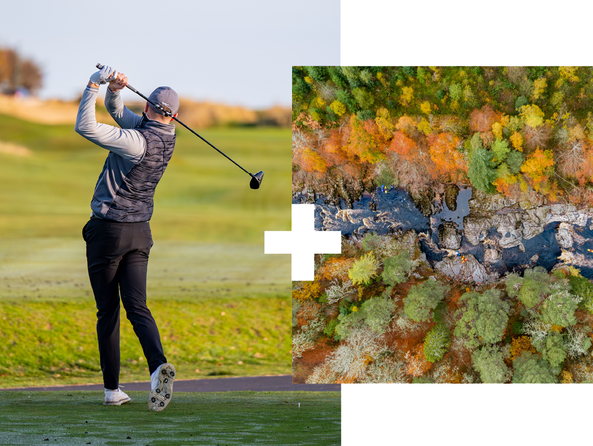 Person swinging a golf club | Aerial view of people canoeing on a river running through a forest