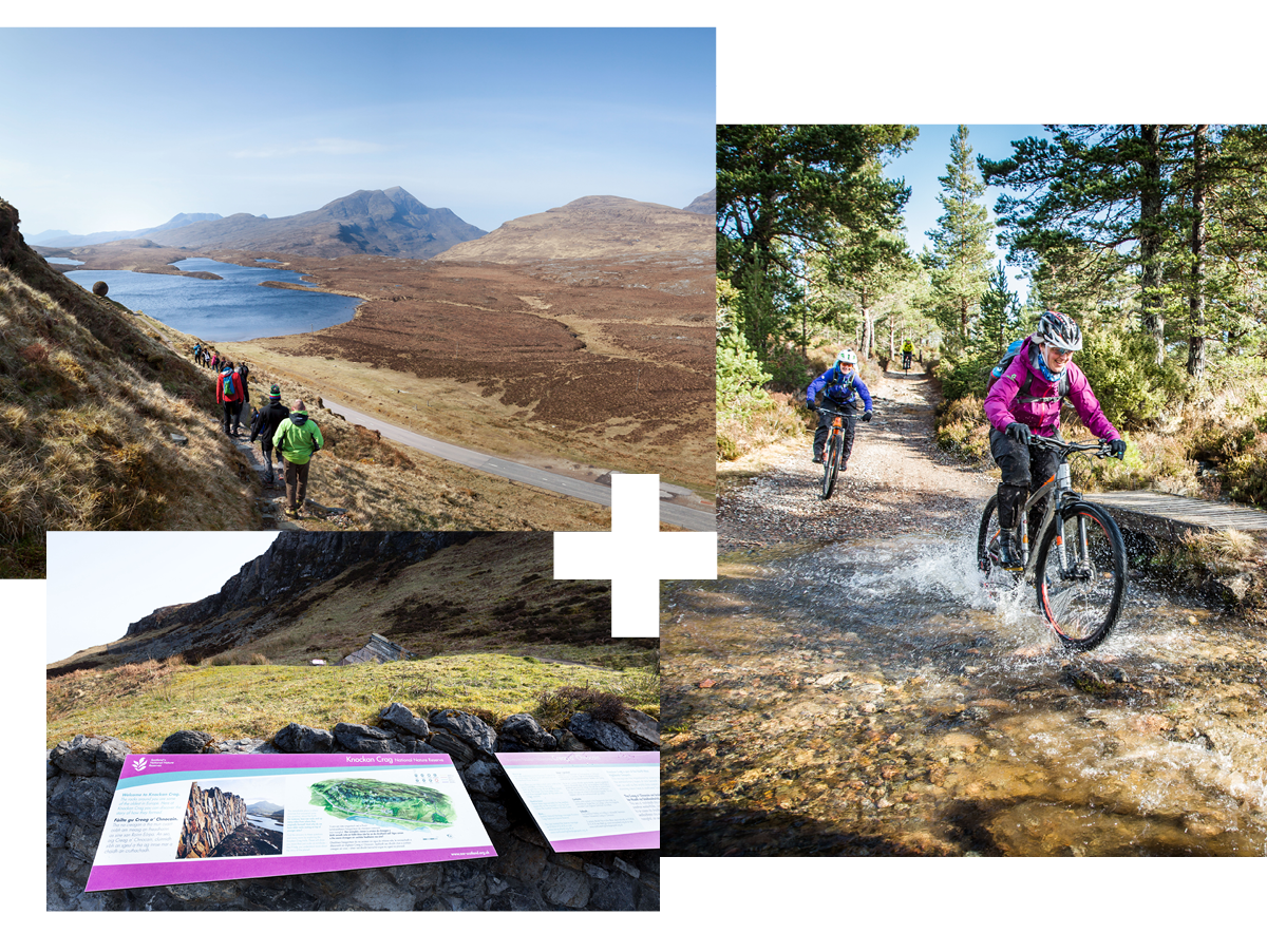 Group walking through science mountain scape | Nature information boards in front of rock formation | Three people mountain biking through a puddle