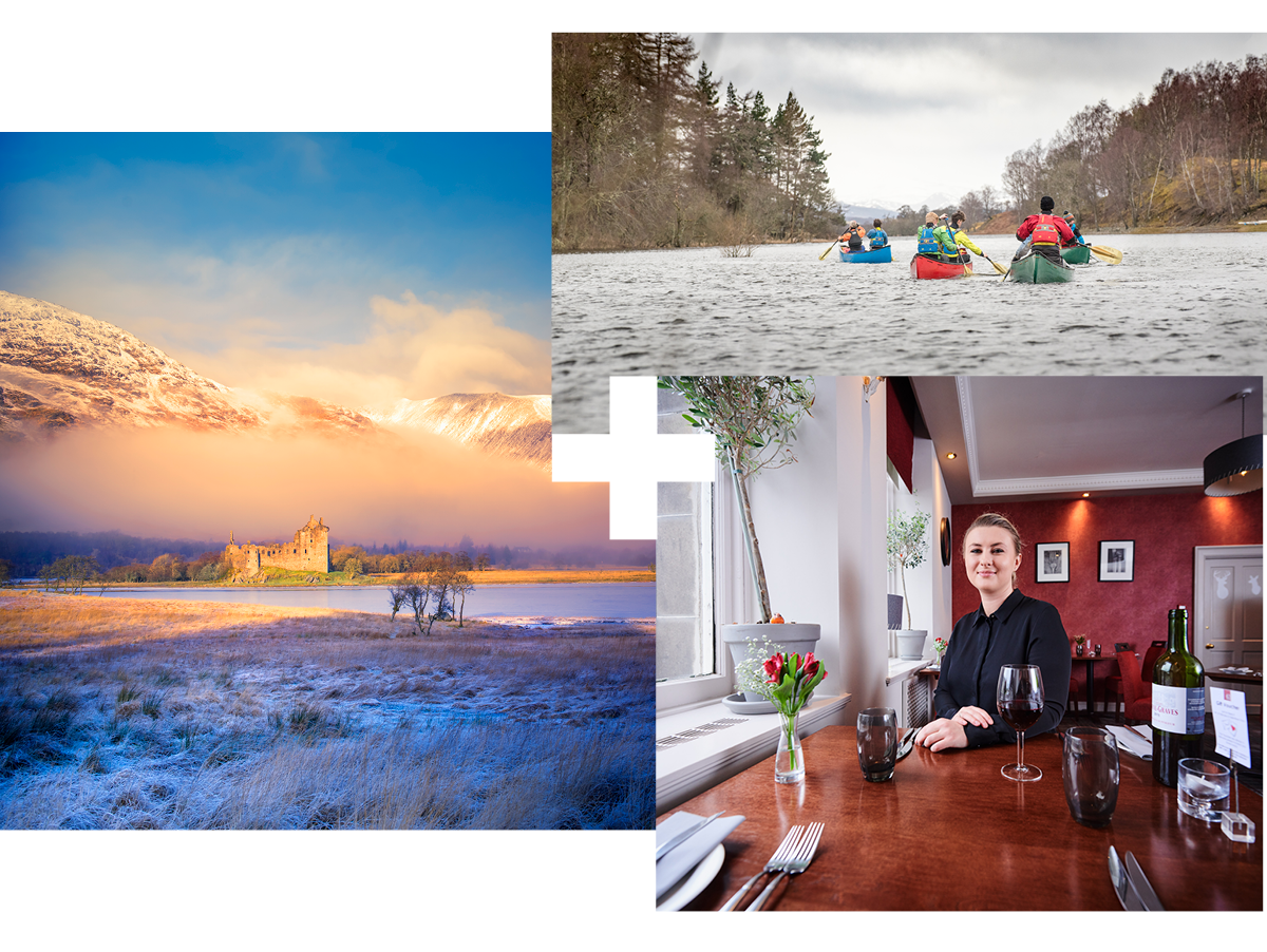 Castle with a misty mountain behind | People canoeing on a river | Person with a wine glass
