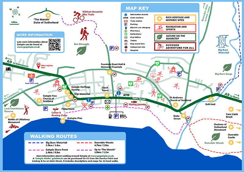 Stylised map of Golspie showing key points of interest for tourists