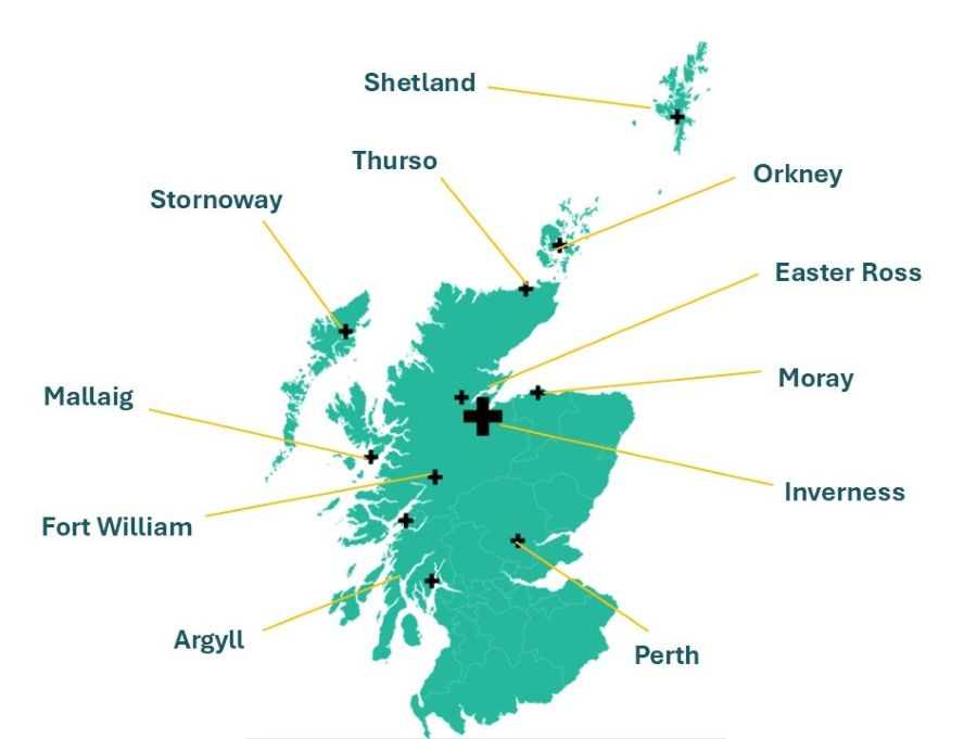 Map of scotland with locations of projects