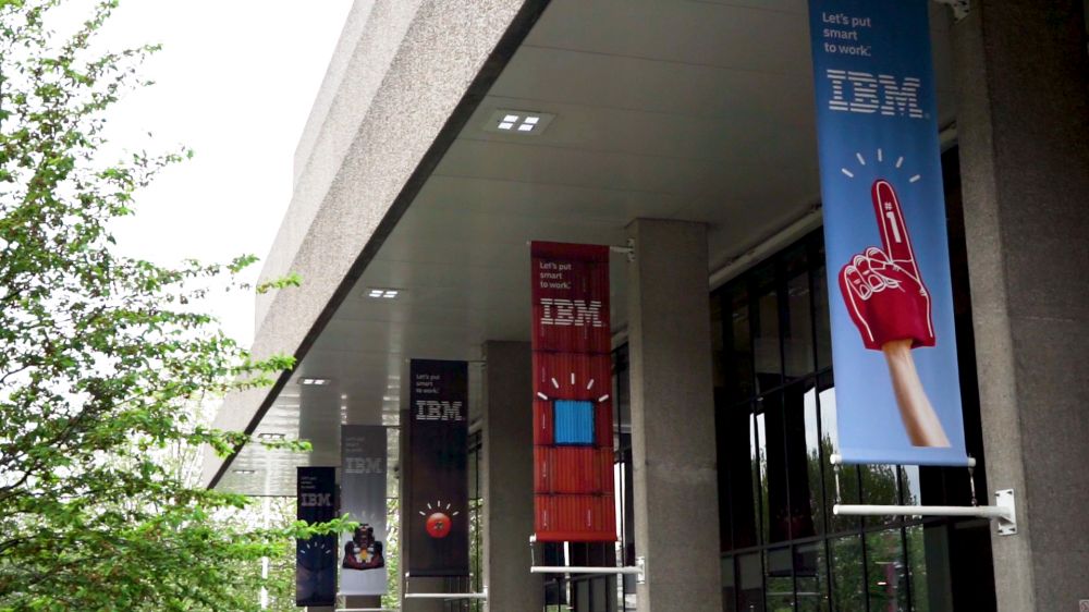 IBM banners hanging outside a building