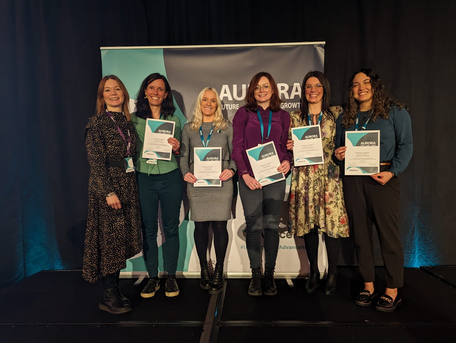 From left to right Heather Fotheringham Robyn Tuerena Tess Sadler Siun Carden Desislava Todorova and Stephanie Strother at the final Aurora programme development day in Edinburgh with their certificates.