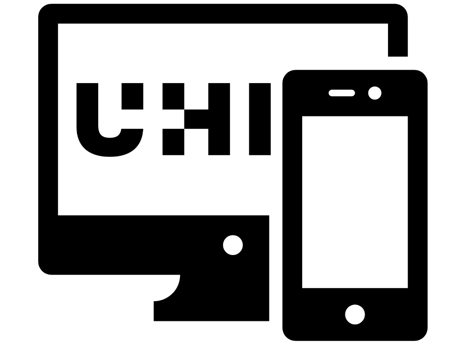 UHI Logo inside a desktop computer icon with a phone icon overlapping it
