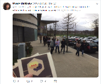Social Media post from Wendy Maltinsky | ThinkUHI Psychology 4th years walk and talk gathering of graduate attributes through their academic journey LTA_UHI UHIPsych | A group of students walking in front of Inverness College UHI