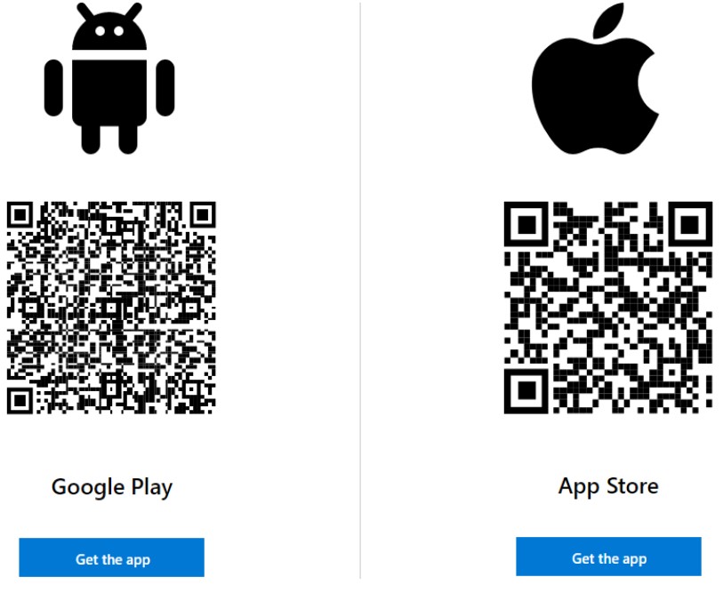 QR Codes for Microsoft Authenticator App for Google Play and Apple App Store.
