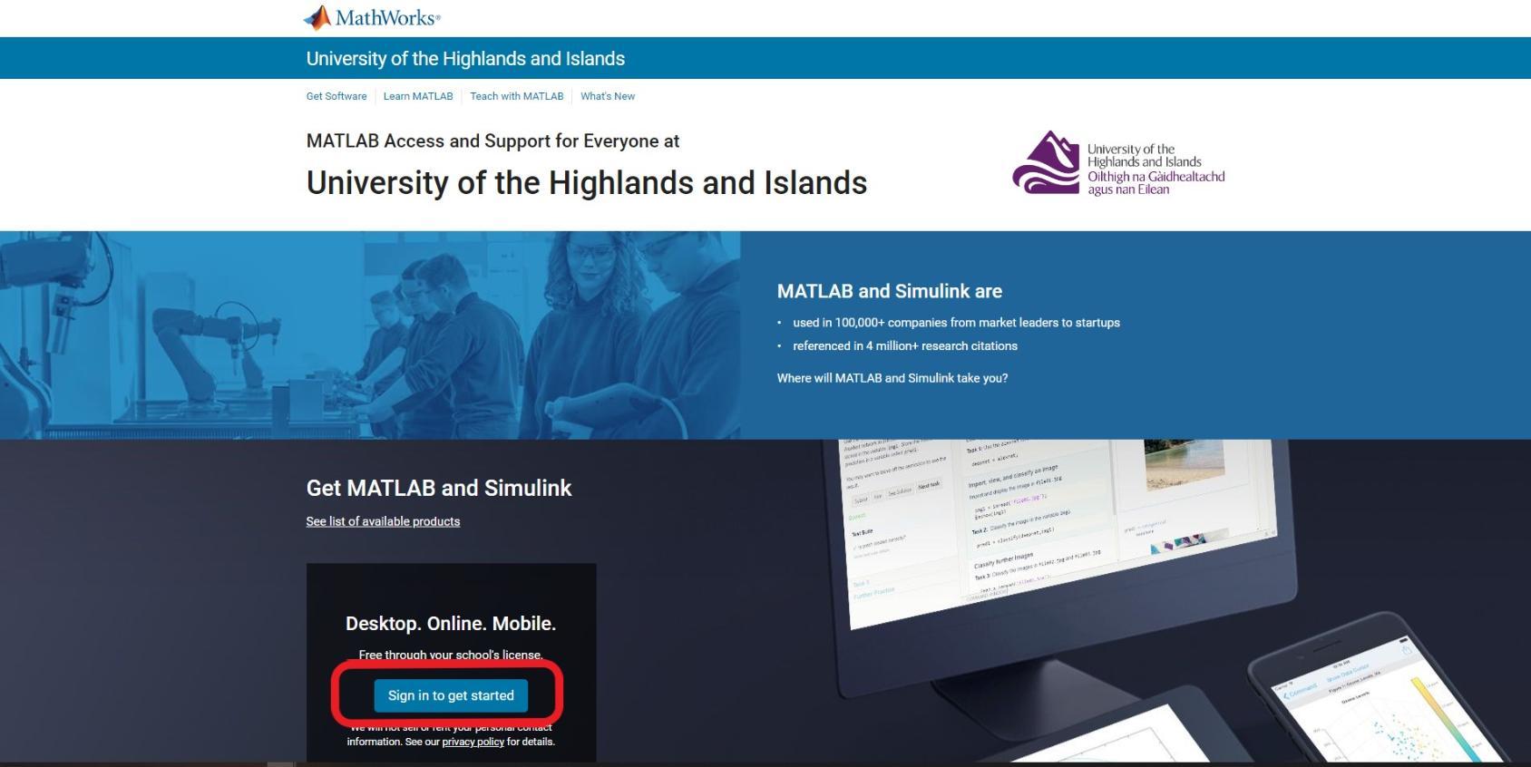 Home page for UHI portal on MatLab website with sign in box to bottom left