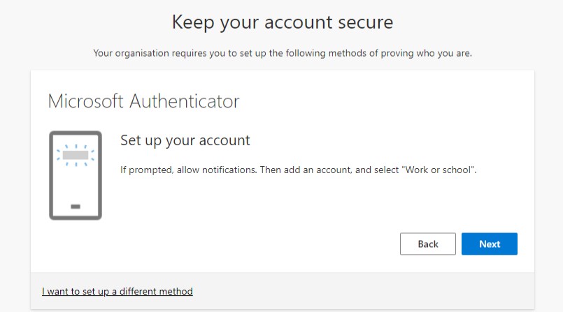 Third pop up in outlook for setting up the Multi factor Authentication method, prompting you to link with the Microsoft Authentication app