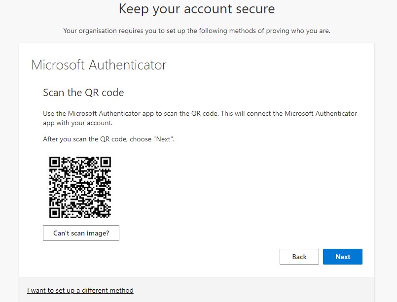 Fourth pop up in outlook for setting up the Multi factor Authentication method, with a QR code to scan with the Microsoft Authentication app