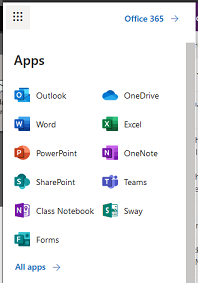 Screen-grab of Office 365 apps