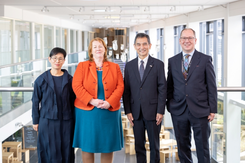 Ms Minori Ishii, Deputy Consul General of Japan; Vicki Nairn, Principal and Vice-Chancellor of UHI; Mr Katsutoshi Takeda, Consul General of Japan; and Stephen Sheridan, Director of Economic Development and Advancement at UHI at UHI House in Inverness. Photo credit: UHI and Paul Campbell Photography