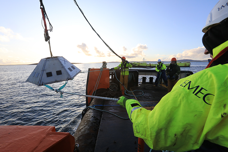 A device used to measure tidal currents being deployed at EMECs tidal test site in Orkney
