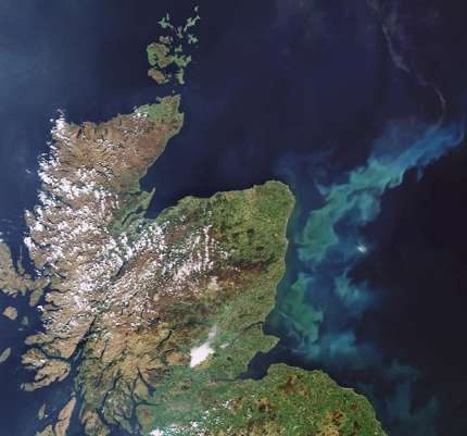 Satelite image of Scotland with algal bloom in north sea