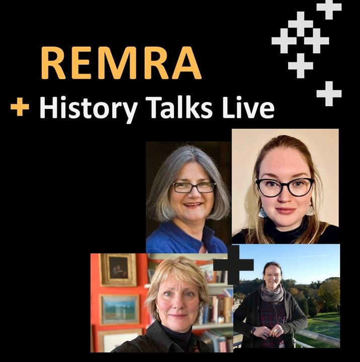 Picture collage of speakers with black background. Text reads: REMRA + History Talks Live