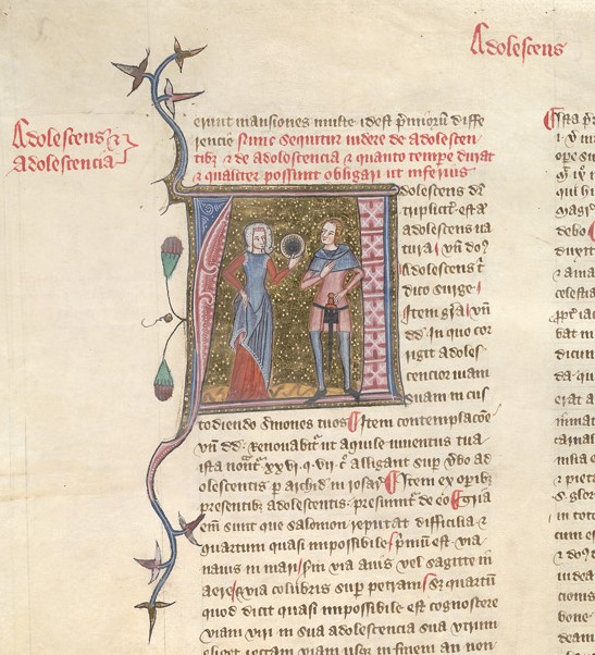 Highly decorative medieval document with a picture of an Adolescent Man and Woman