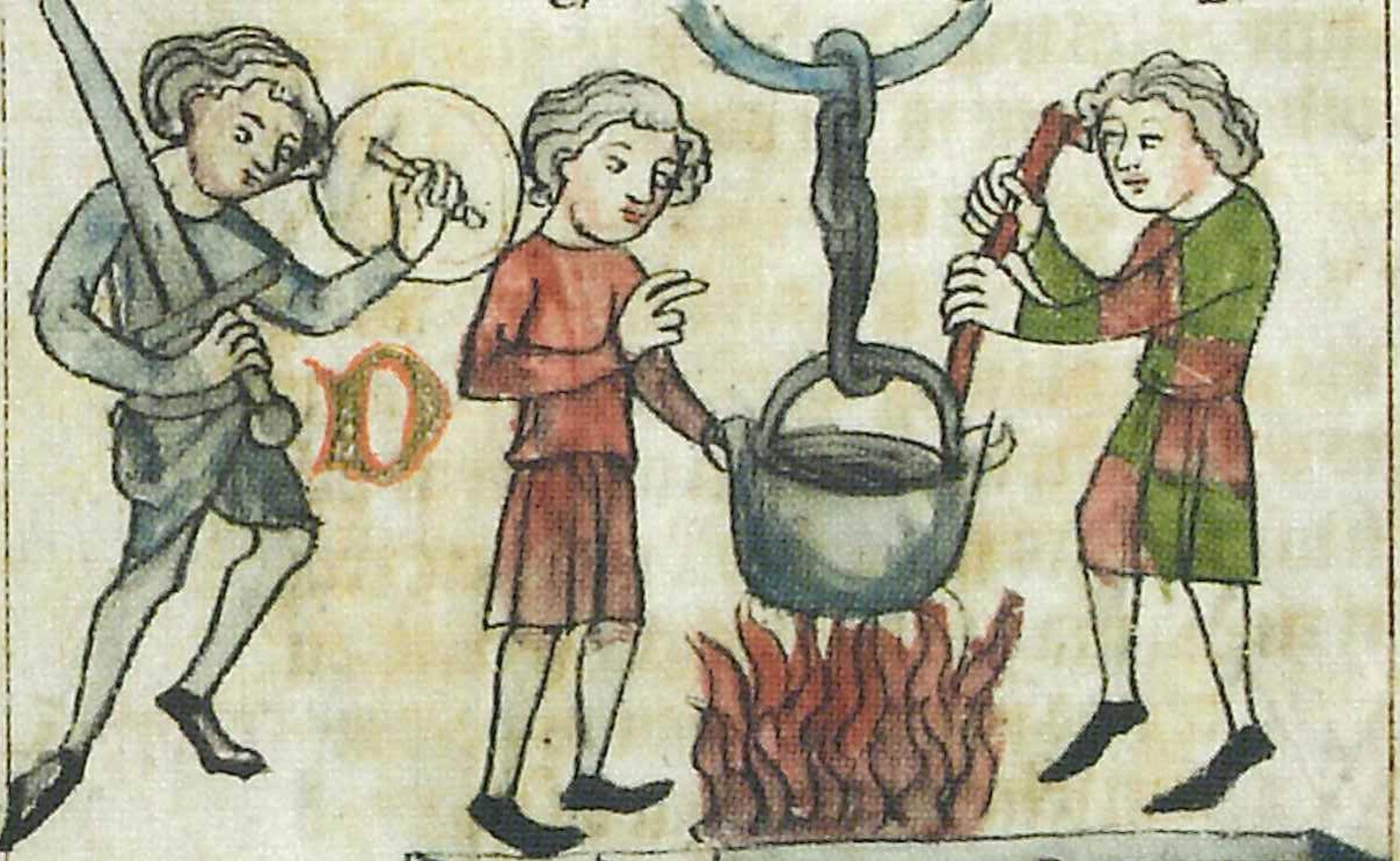 manuscript illustration of the three trials by ordeal - three men depicted, two around a cauldron over a fire and third one holding a sword and shield.