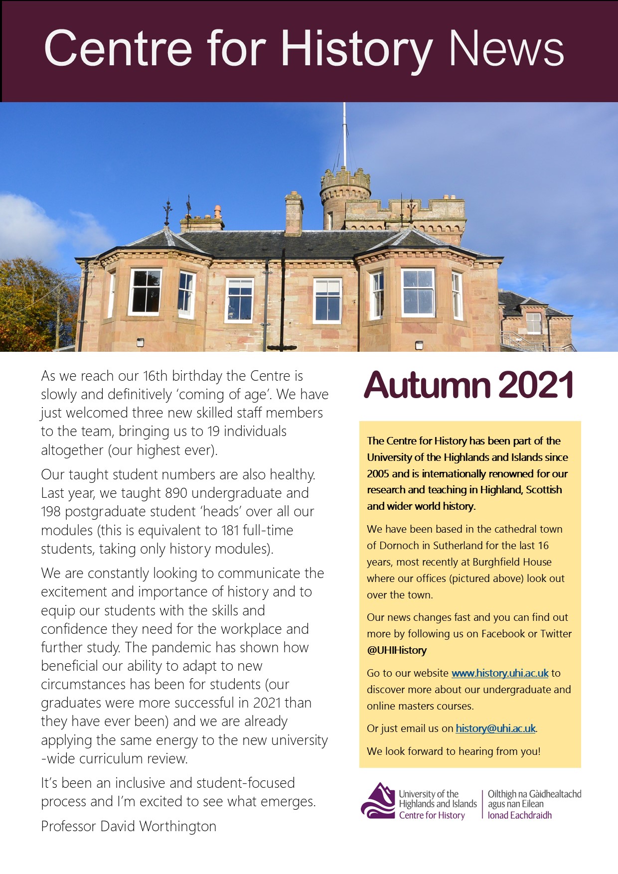 front page image of the centre's autumn 2021 newsletter