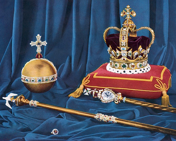 Crown, sceptre and orb depicted with a red velvet cushion and with blue drapes in the background