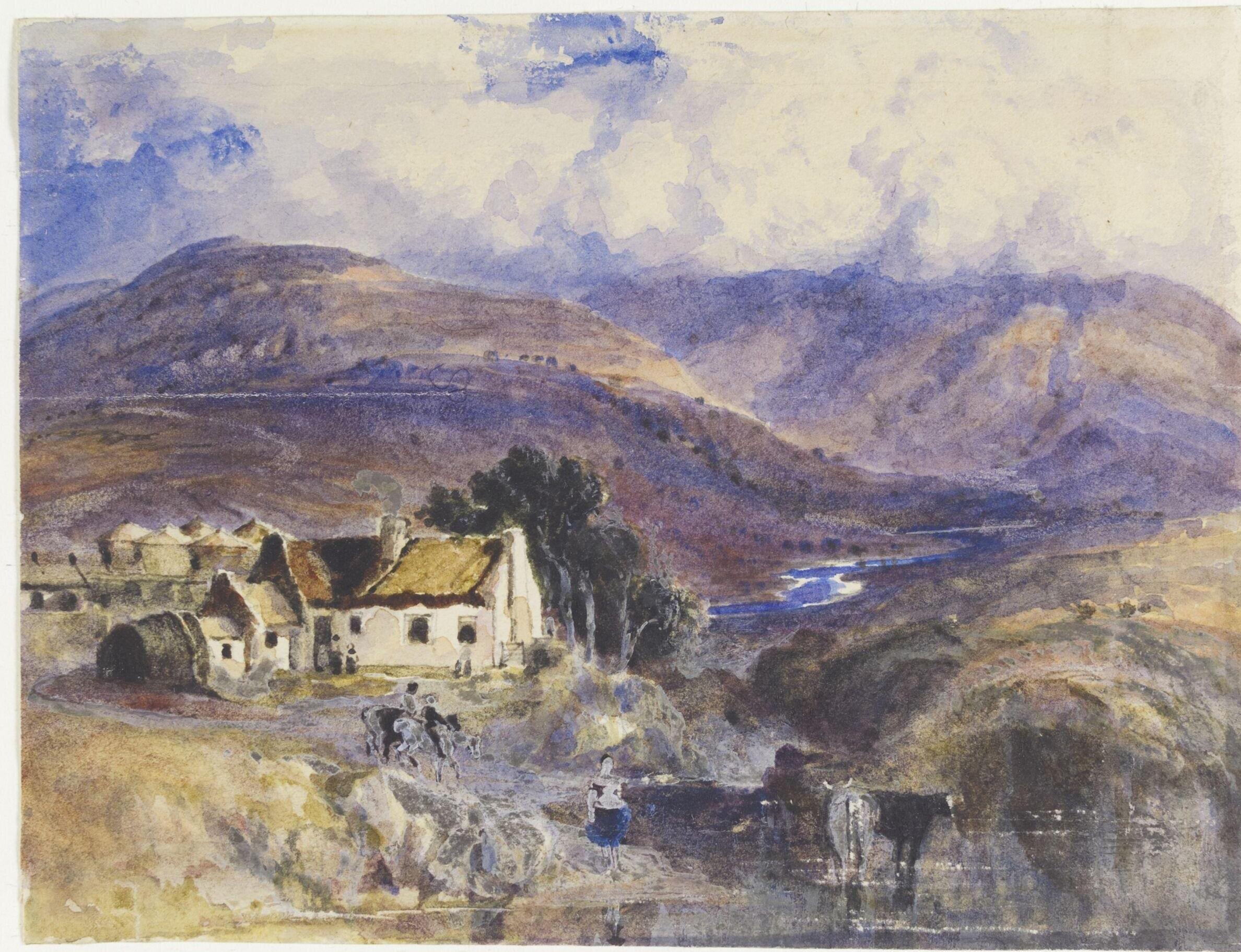 This image is a watercolour painting depicting a peaceful rural landscape. There is a small cluster of cottages on the left side, with a few figures near them. The scene is set against a backdrop of rolling hills or mountains under a partly cloudy sky. In the foreground, there is a river where two cows are standing, and a person is nearby