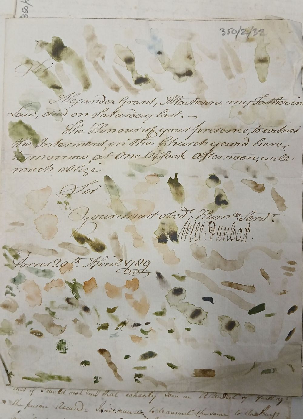 A hand-written letter with several watercolour marks in varying shades. A hand-written letter with several watercolour marks in varying shades.