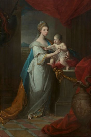 Woman dressed in a neo-classical, draped gown and robe, with an ornate diadem on her head. She is holding a baby, wrapped in drapery, and both are set in a neo-classical setting with draperies, columns and a vase. Woman dressed in a neo-classical, draped gown and robe, with an ornate diadem on her head. She is holding a baby, wrapped in drapery, and both are set in a neo-classical setting with draperies, columns and a vase.