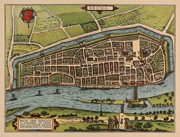 Georg Braun and Frans Hogenberg Historical sight of the port of Bremen surrounded by the river Weser