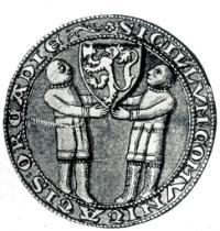 Fig. 3 Drawing of the seal of the community of Orkney probably by Anders Thiset, Danish historian and heraldic artist: early 20th century (copied from Clouston 1932, facing p. 276). Fig. 3 Drawing of the seal of the community of Orkney probably by Anders Thiset, Danish historian and heraldic artist: early 20th century (copied from Clouston 1932, facing p. 276).