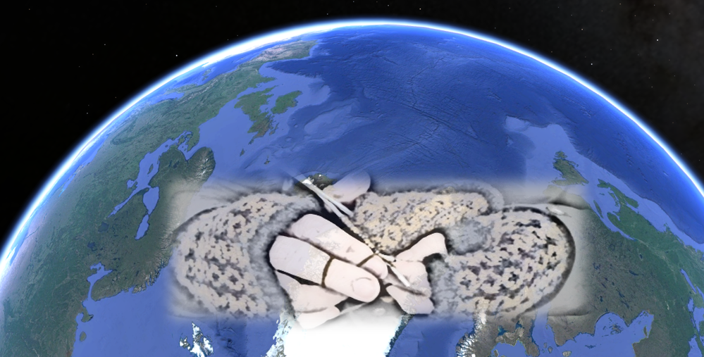 Hands knitting overlaid a view of earth from space
