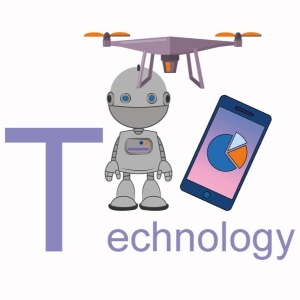 The word technology, a robot and a mobile phone