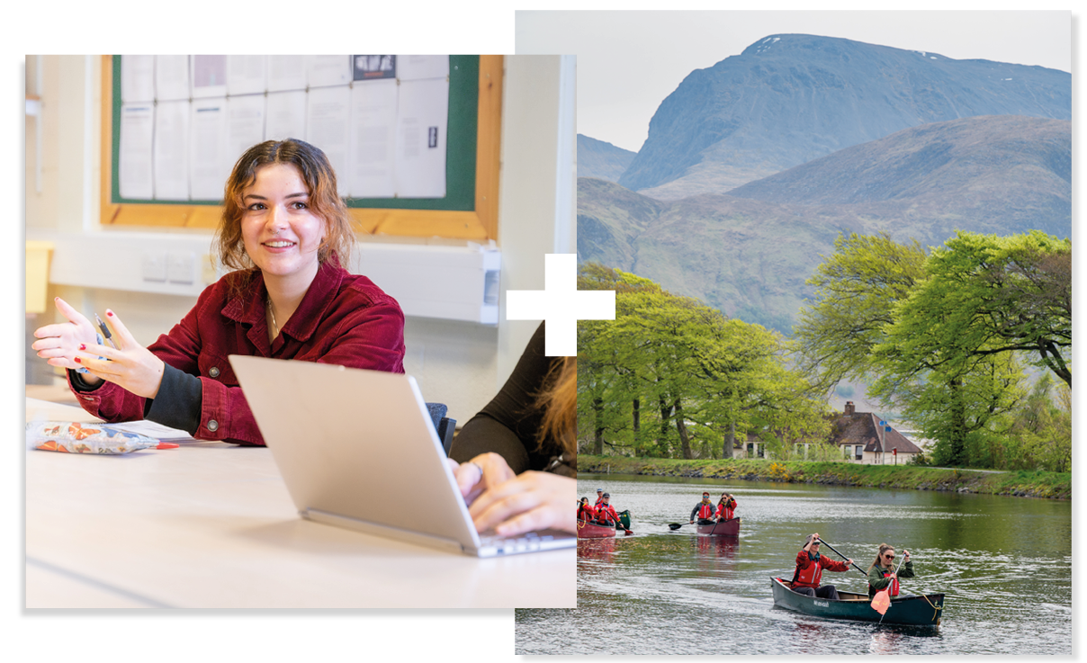 Collage of 2. A student sitting at a table. Student kayaking in a river Collage of 2. A student sitting at a table. Student kayaking in a river
