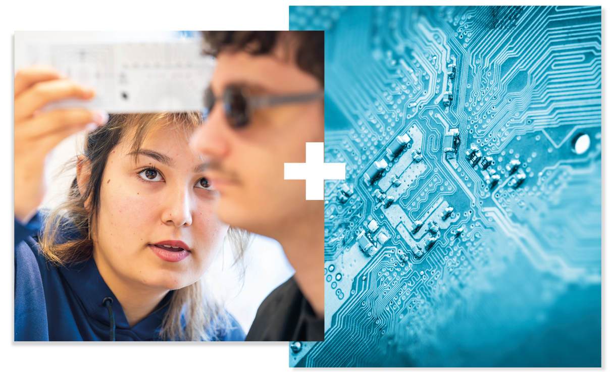 Collage of 2. A student working in a laboratory and an image of coral in the sea