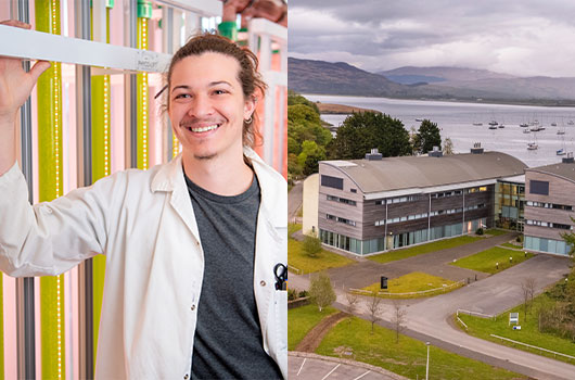 Left: Alberto in the lab. Top right: the Scottish Association for Marine Science. Bottom right: Holding sealife from the nearby loch. Left: Alberto in the lab. Top right: the Scottish Association for Marine Science. Bottom right: Holding sealife from the nearby loch.