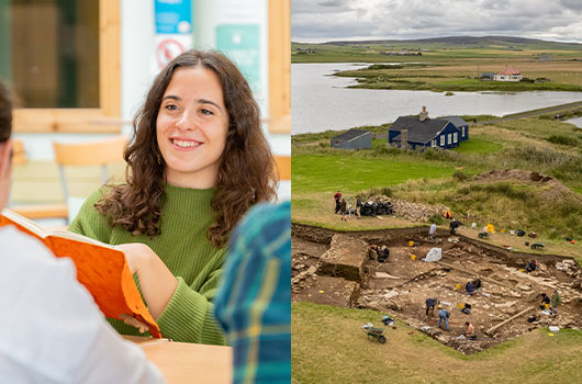 Left: Francesca in the classroom. Top right: Orkney excavation site. Bottom right: Inspecting an artefact. Left: Francesca in the classroom. Top right: Orkney excavation site. Bottom right: Inspecting an artefact.