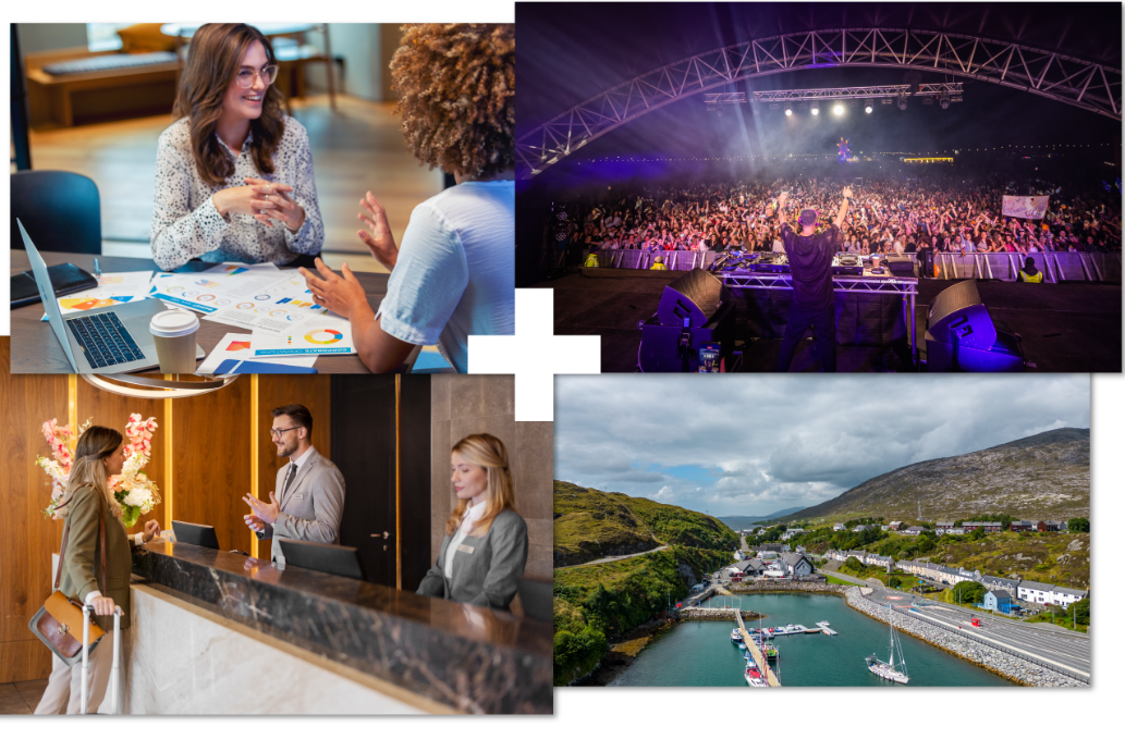 Collage of 4 images | accountant in meeting | Belladrum festival | hospitality | Harris Distillery