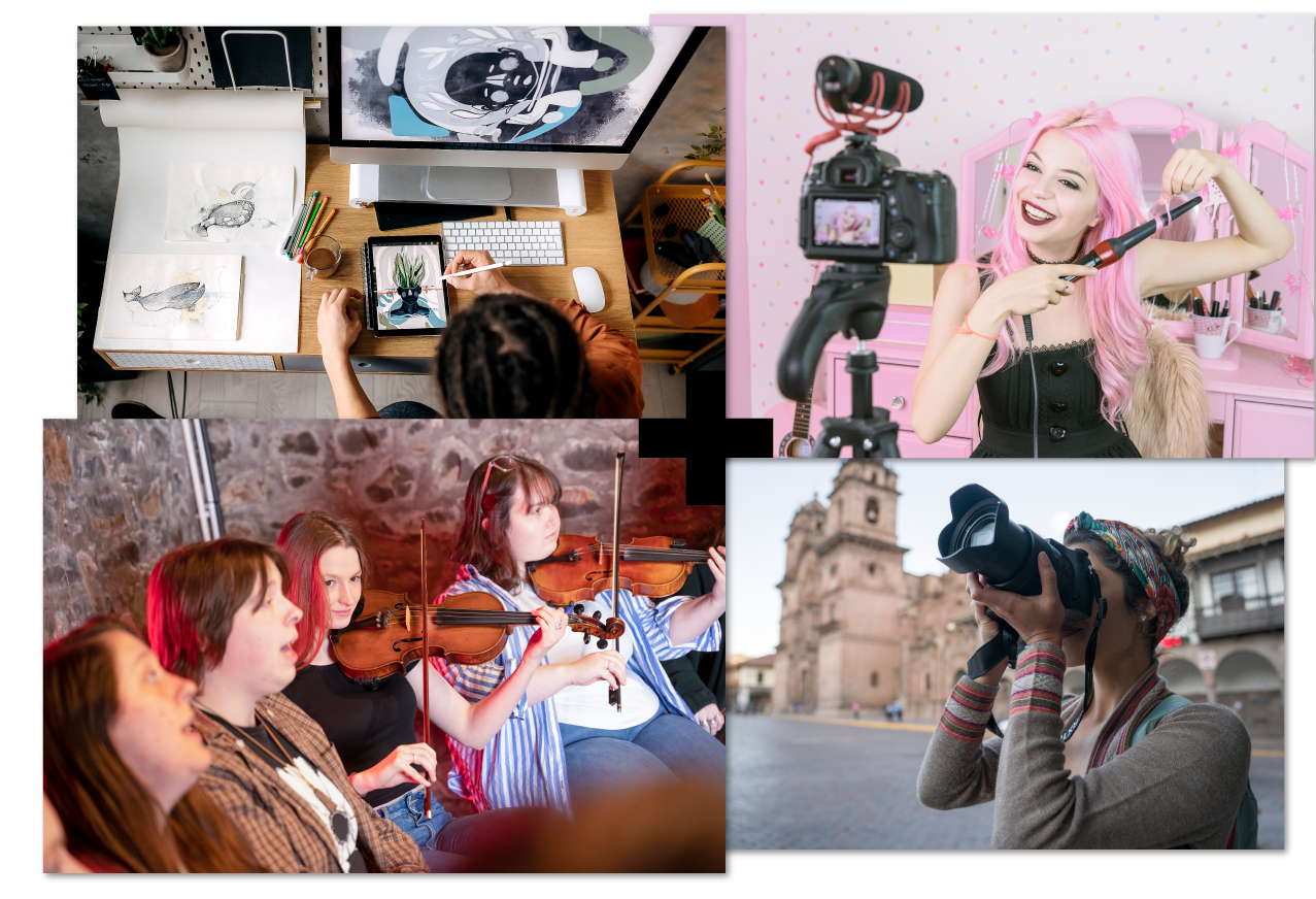 collage of 4 | graphic design | social media | music students | photographer