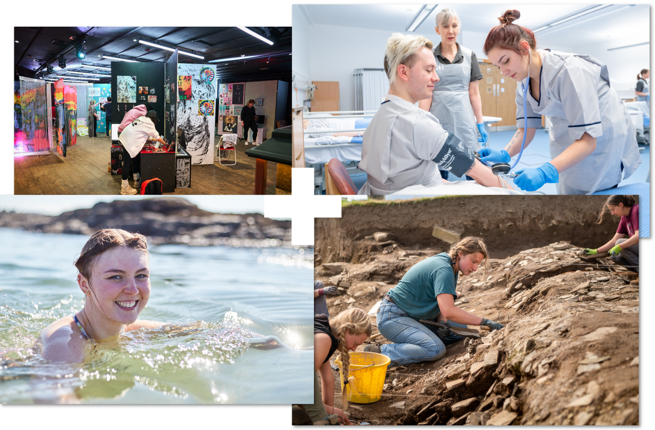 Collage of 4 images | students in UHI Perth doing an Art exhibition | Nursing course students practising | Sian McWalter swimming in the sea | Orkney archaeology students on site