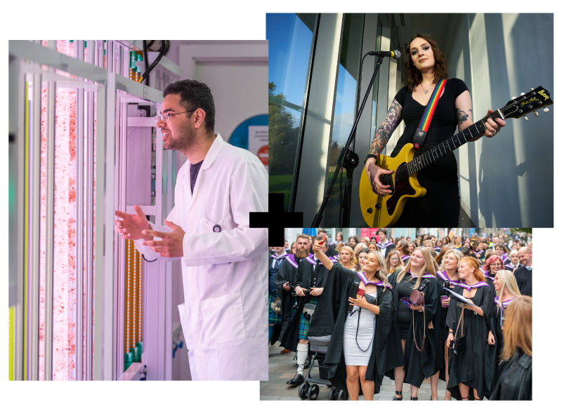 Scientist looking at scientific equipment | Person playing an guitar | Graduates in their robes