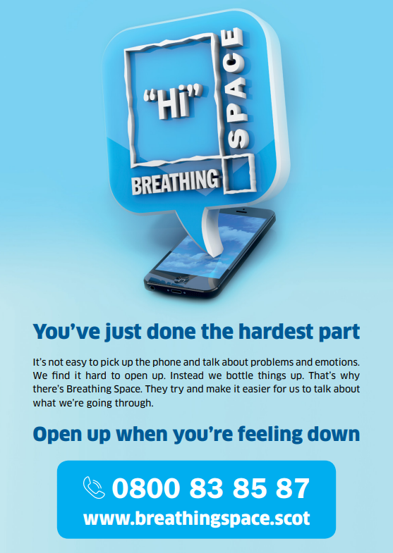 Open up when you're feeling down. Call 0800 83 85 87