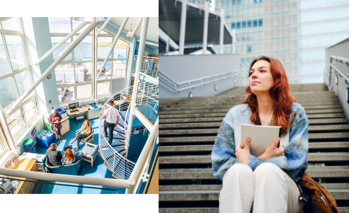 Collage of 2 | Inside of UHI Shetland campus | Student sitting on stairs