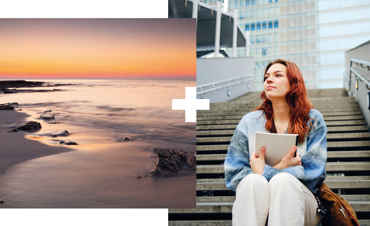 Collage of 2 | Beach | Student sitting on stairs