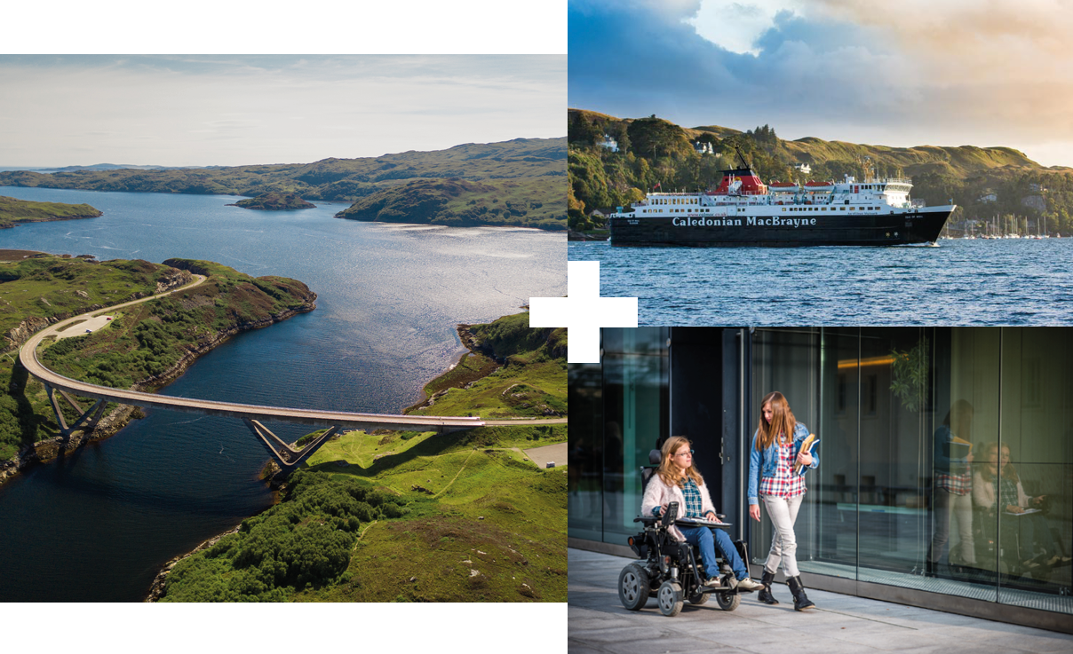 Collage of 3 | Kylesku bridge | Isle of Mull ferry from Oban | Two students walking outside