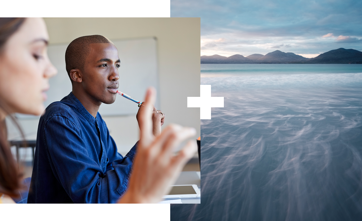 Collage of 2 | Student in class | Picture of the sea Collage of 2 | Student in class | Picture of the sea