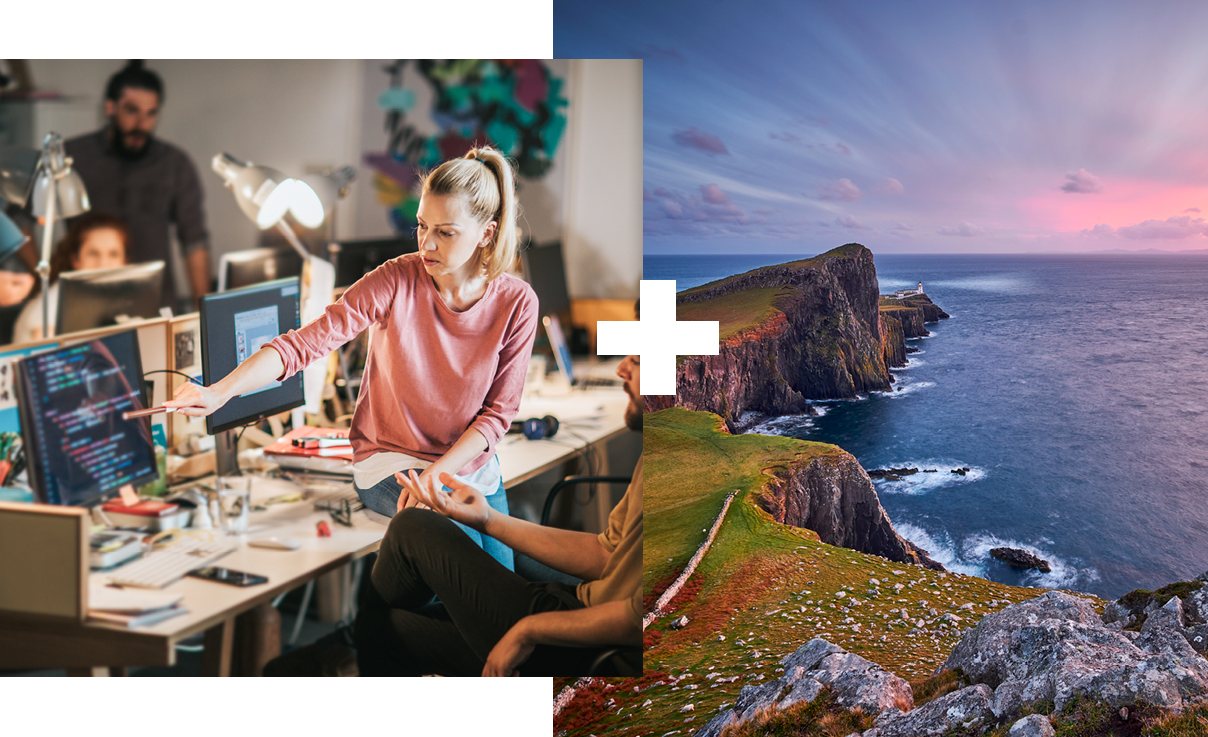 Collage of 2 | Women sitting on a desk | Neist Point Lighthouse, Isle of Skye Collage of 2 | Women sitting on a desk | Neist Point Lighthouse, Isle of Skye